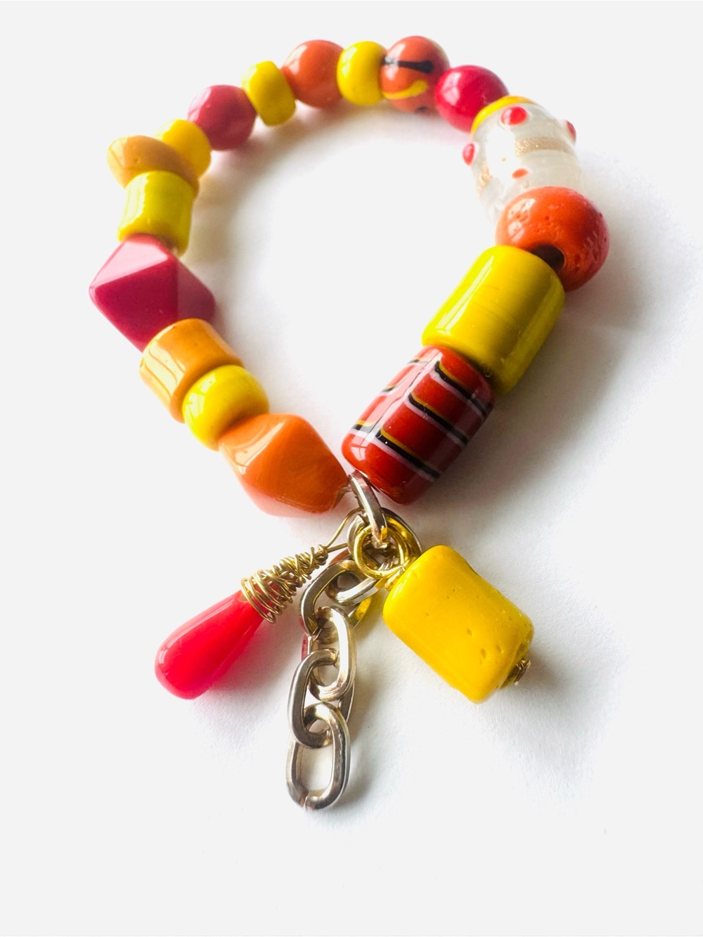 Colorful Stretch Beaded Bracelet - Vintage Glass, Clay, Brass, Porcelain OOAK